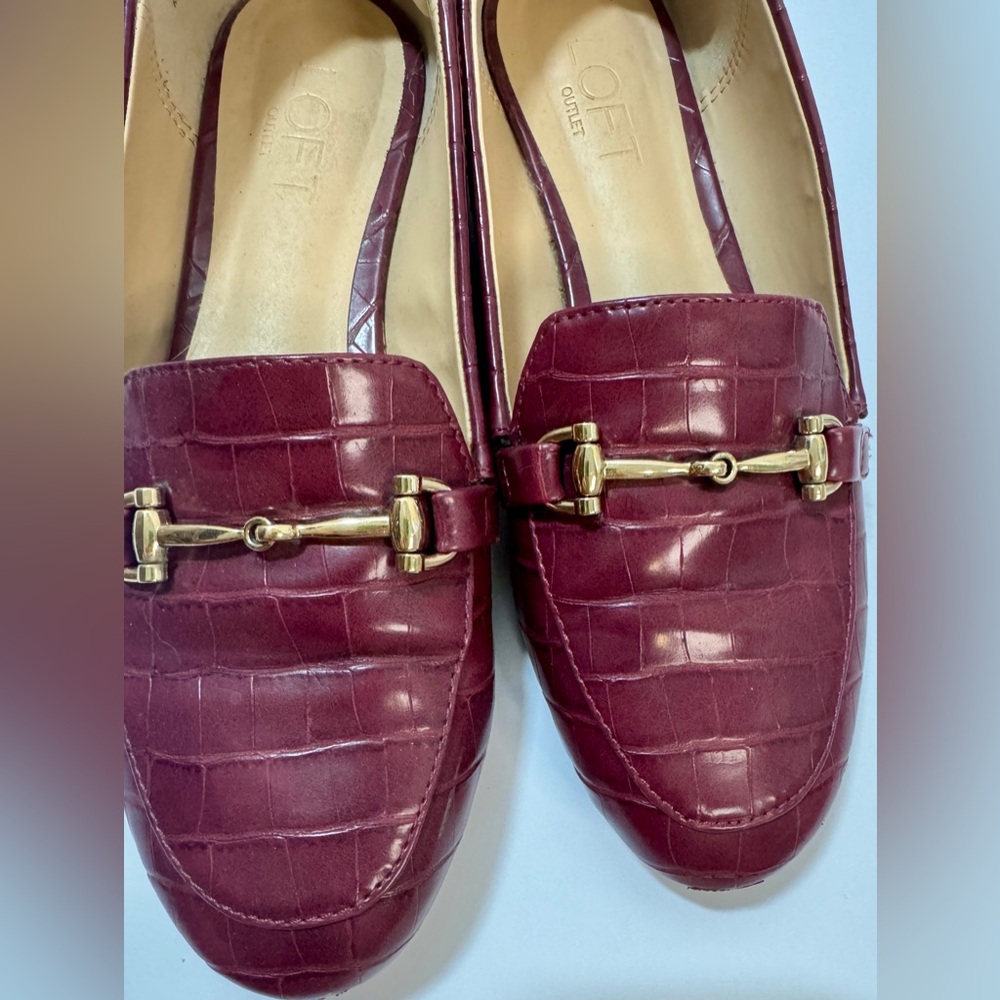 LOFT Burgundy Croc-Embossed Slip-On Loafers with Gold Hardware